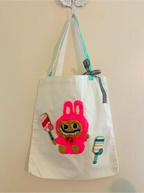 Hand Crafted White Tote with Hot Pink Embroidery  labubu and pick ball Appliqué